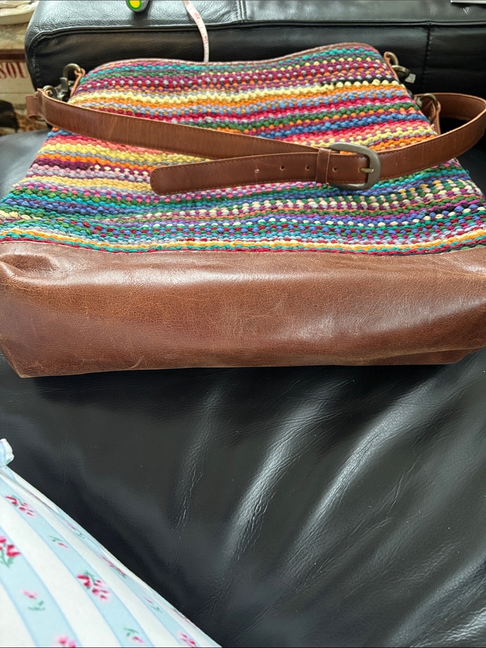 Large Jute And Cotton Multicolor Crochet Shoulder Bag with Brown Leather Trim - Picture 7 of 14